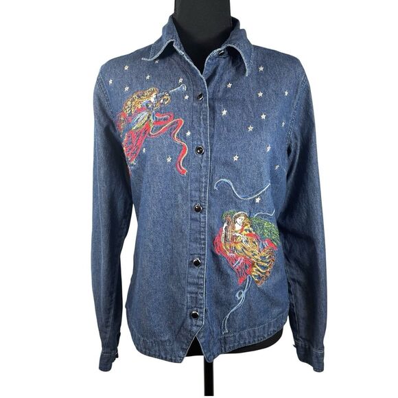 BILL BLASS Denim Shirt Blue Vintage Embroidered Christmas Angels - Picture 1 of 12